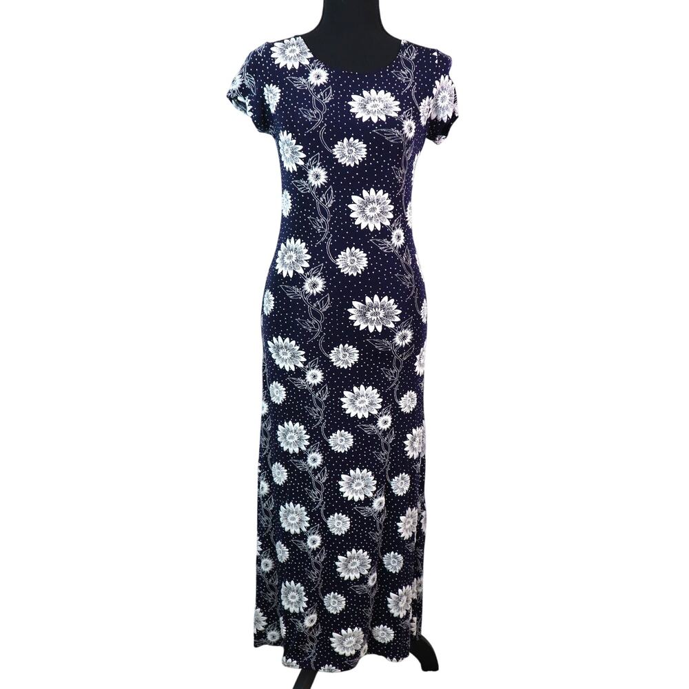 Navy Floral Midi Dress with Short Sleeves
